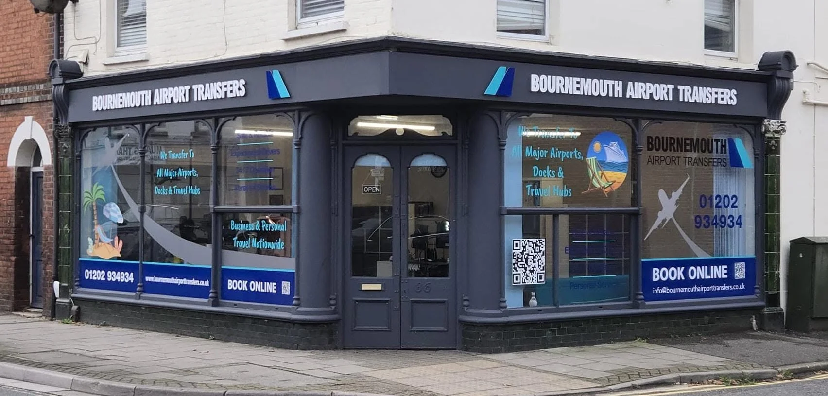 The Bournemouth Airport Transfers shopfront on a street corner